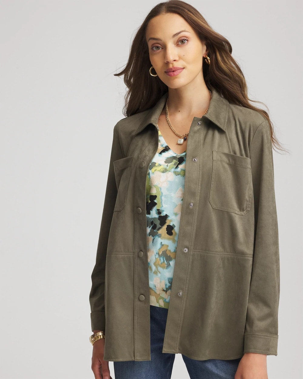 Chico's Outlet Nettle Leaf Suede Collared Long-Sleeved Shacket