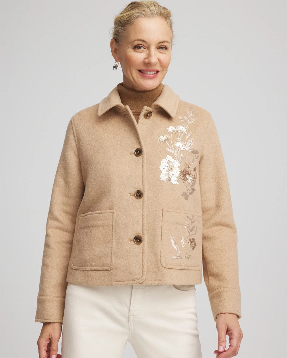 Chico's Discount Light Taupe Heather Embroidered Wool Chore Jacket