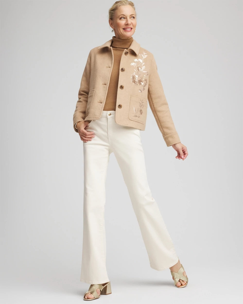 Chico's Discount Light Taupe Heather Embroidered Wool Chore Jacket