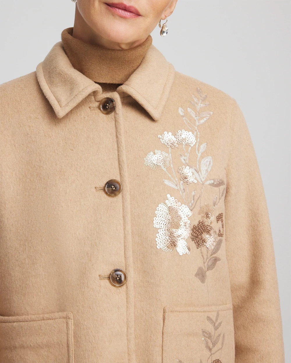 Chico's Discount Light Taupe Heather Embroidered Wool Chore Jacket