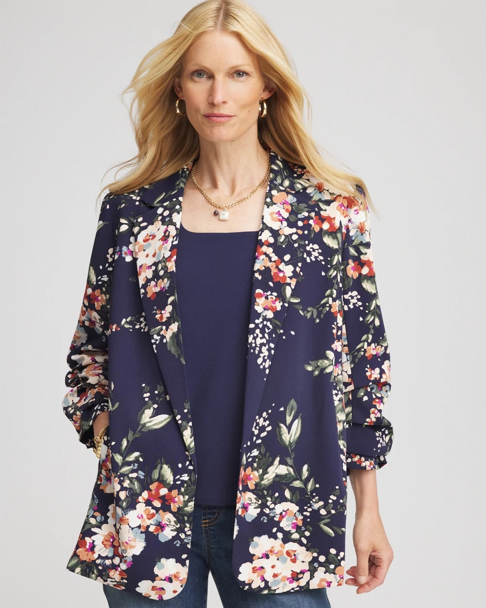 Chico's On Sale Passport Blue Floral Ruched Sleeve Blazer
