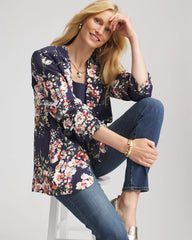 Chico's On Sale Passport Blue Floral Ruched Sleeve Blazer