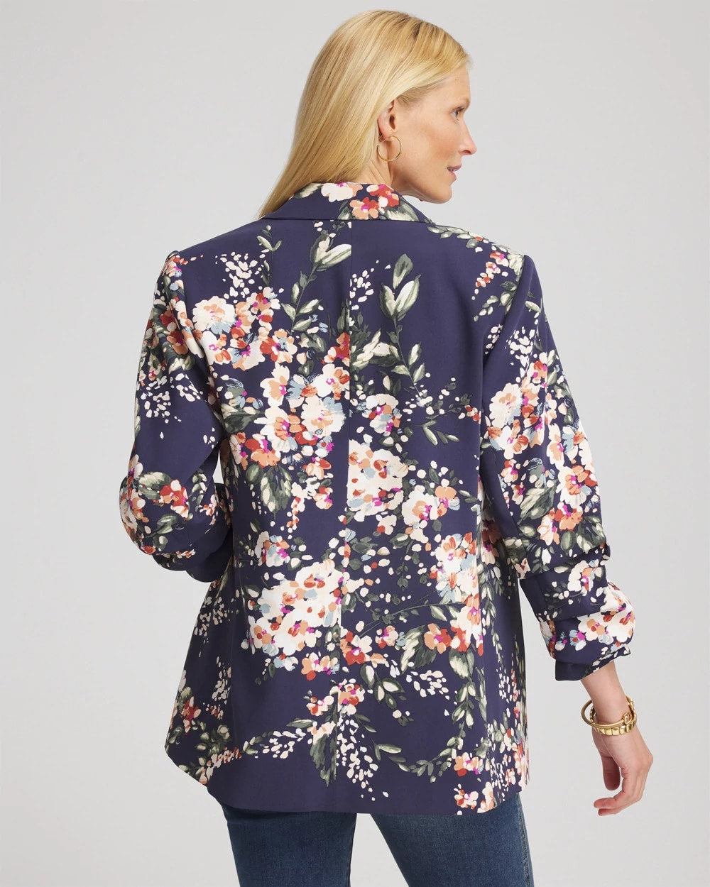 Chico's On Sale Passport Blue Floral Ruched Sleeve Blazer