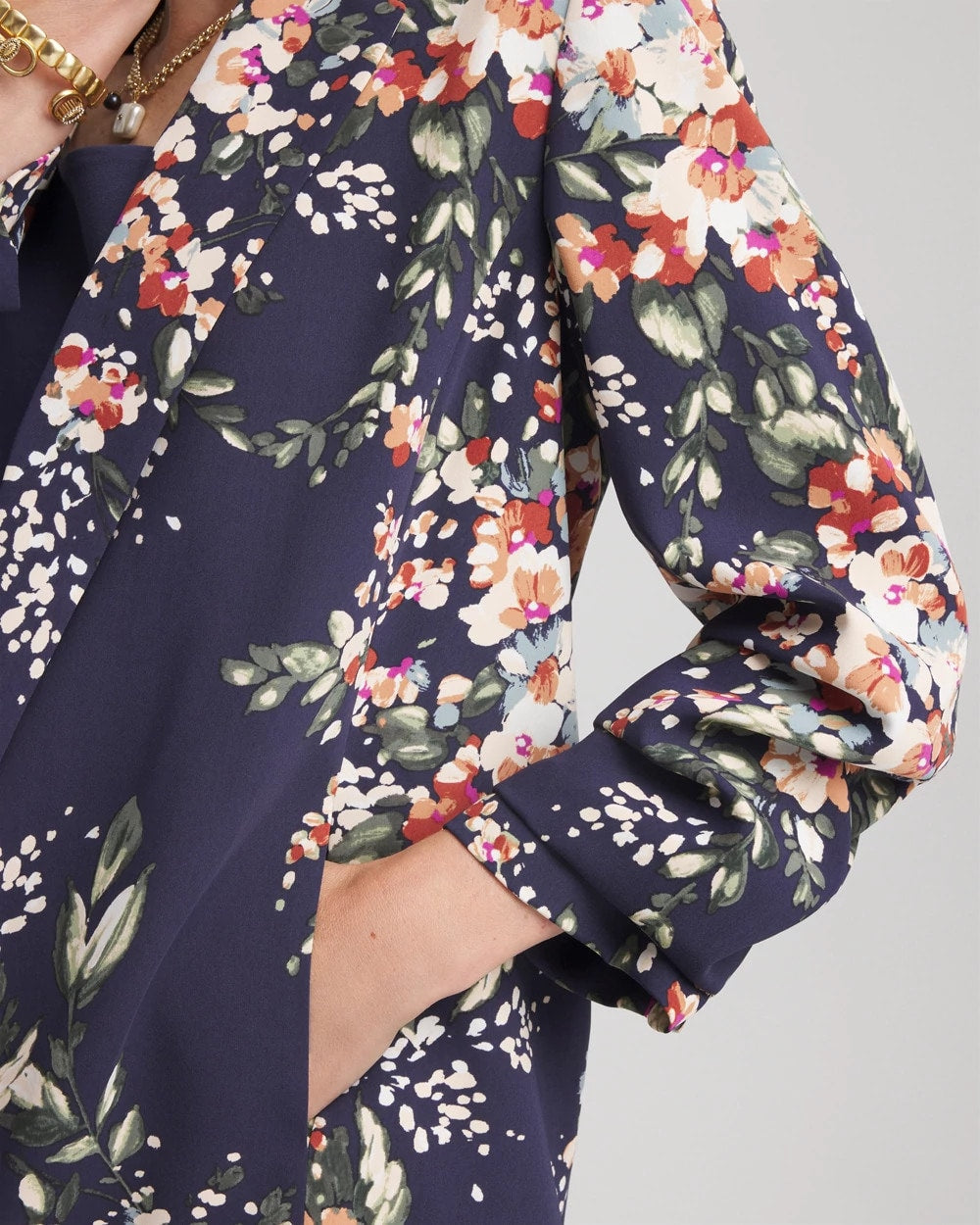 Chico's On Sale Passport Blue Floral Ruched Sleeve Blazer