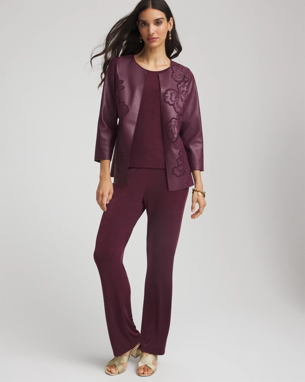 Chico's For Sale Blackened Burgundy Travelers™ Collection Faux Leather Embroidered Jacket