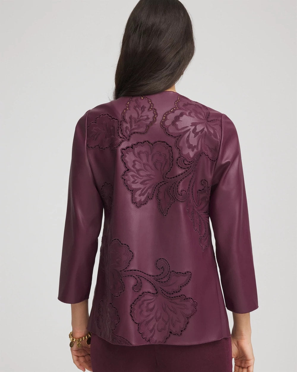 Chico's For Sale Blackened Burgundy Travelers™ Collection Faux Leather Embroidered Jacket