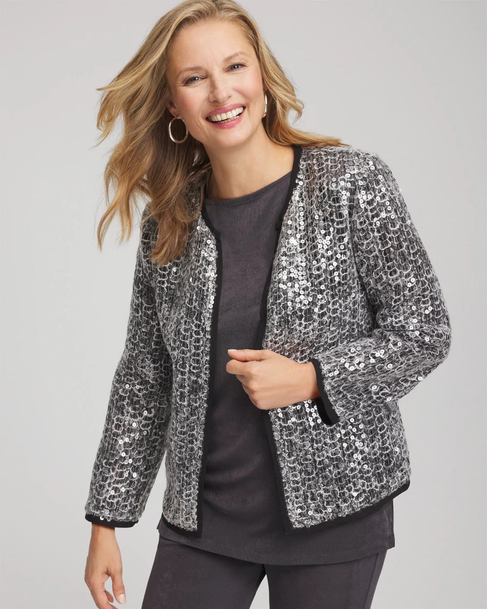 Chico's Online Serene Gray Travelers™ Collection Refined Sequins Netted Jacket