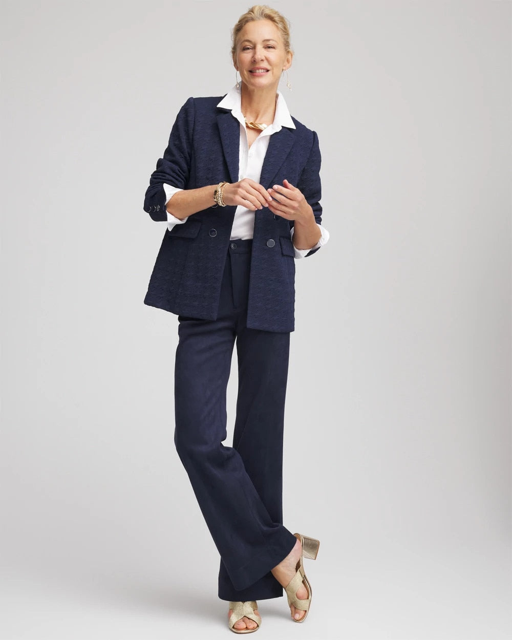 Chico's Discount Passport Blue Textured Single-Breasted Knit Blazer