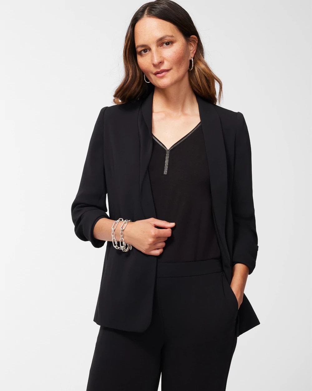 Chico's On Sale Black Ruched Sleeve Blazer