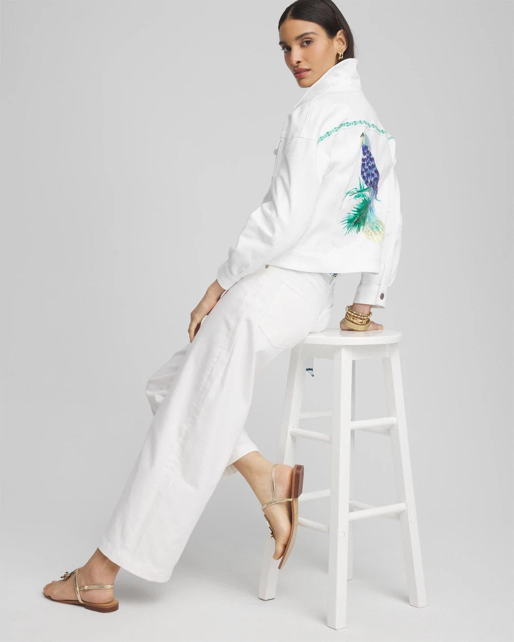 Chico's Discount Alabaster Embroidered Relaxed Denim Jacket