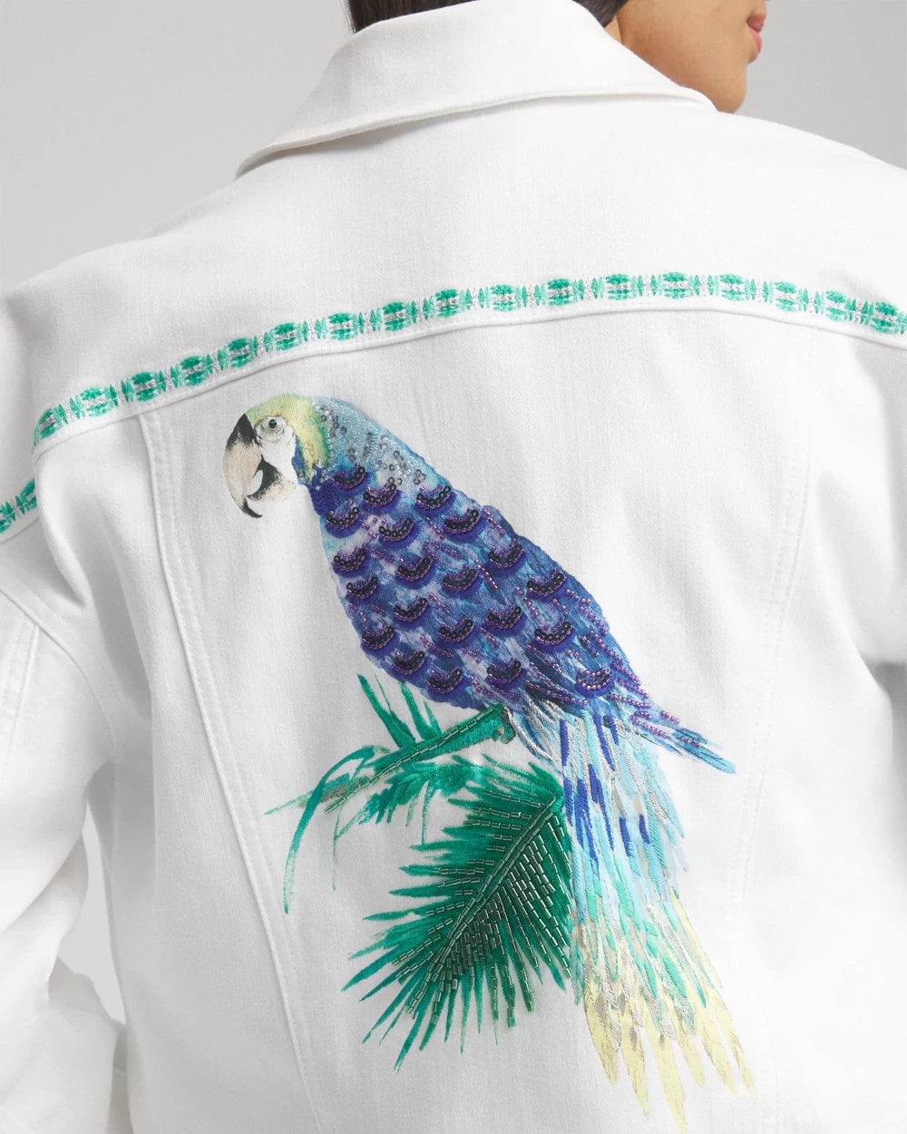 Chico's Discount Alabaster Embroidered Relaxed Denim Jacket