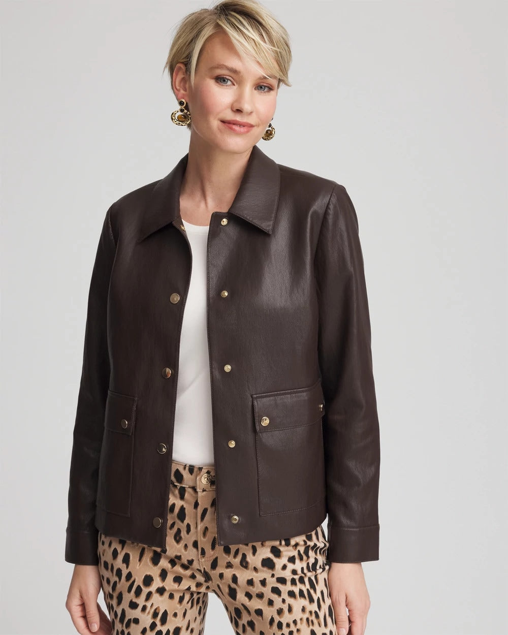 Chico's Sale Black Raisin Snap Front Faux Leather Jacket