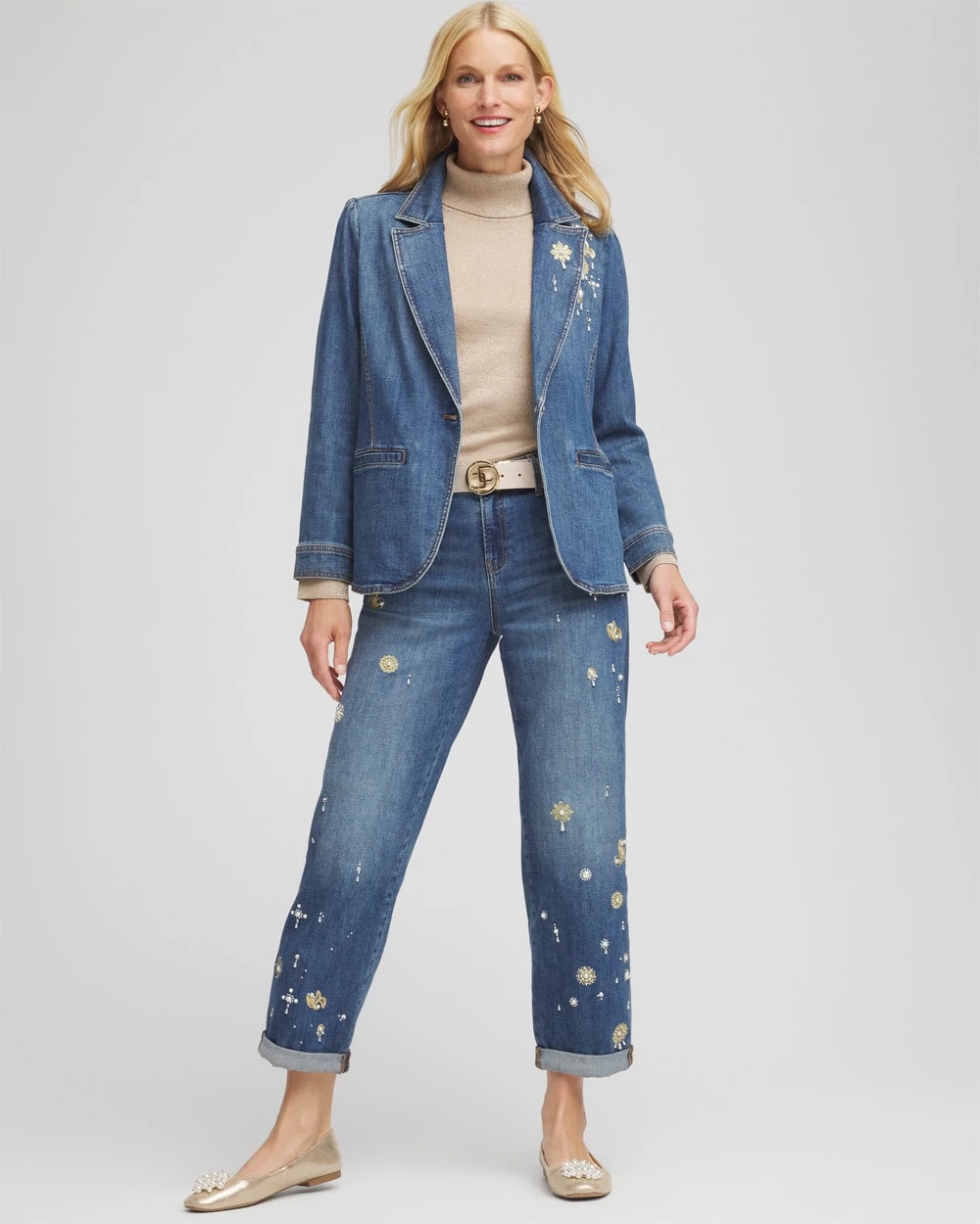 Chico's On Sale Kiruna Indigo Pearl Brooch Denim Blazer