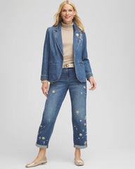 Chico's On Sale Kiruna Indigo Pearl Brooch Denim Blazer