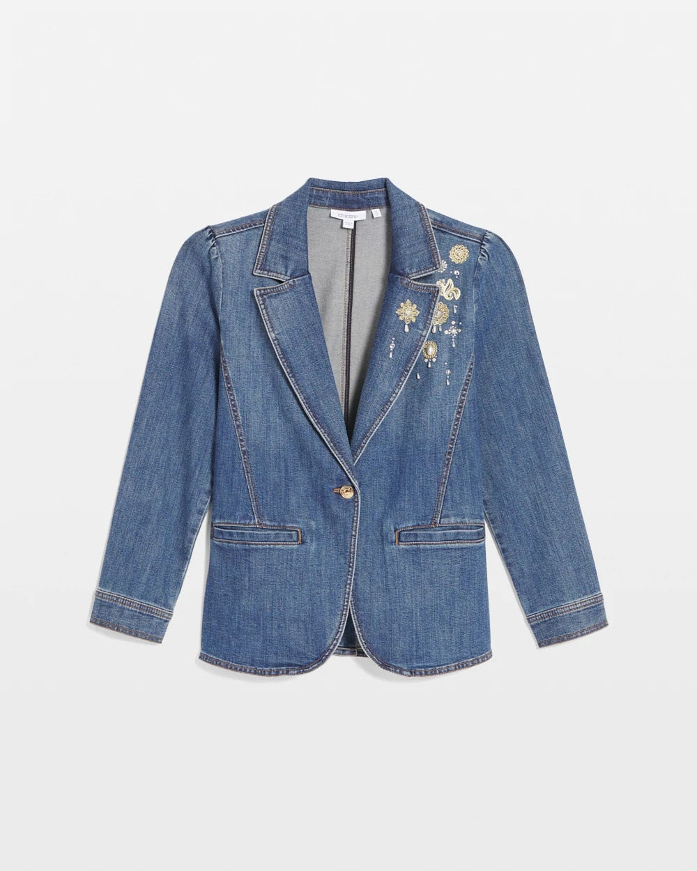 Chico's On Sale Kiruna Indigo Pearl Brooch Denim Blazer