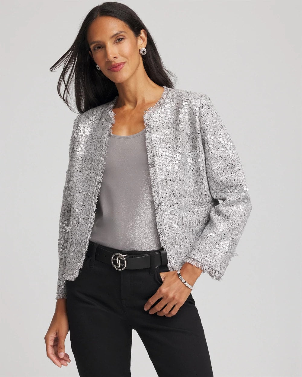 Chico's For Sale Silver Silver Sequins Tweed Jacket