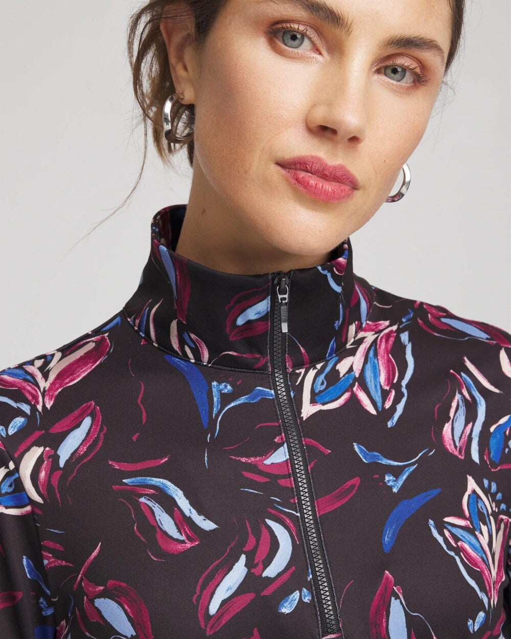 Chico's For Sale Deep Chianti Zenergy® UPF Floral Half-Zip Pullover Top