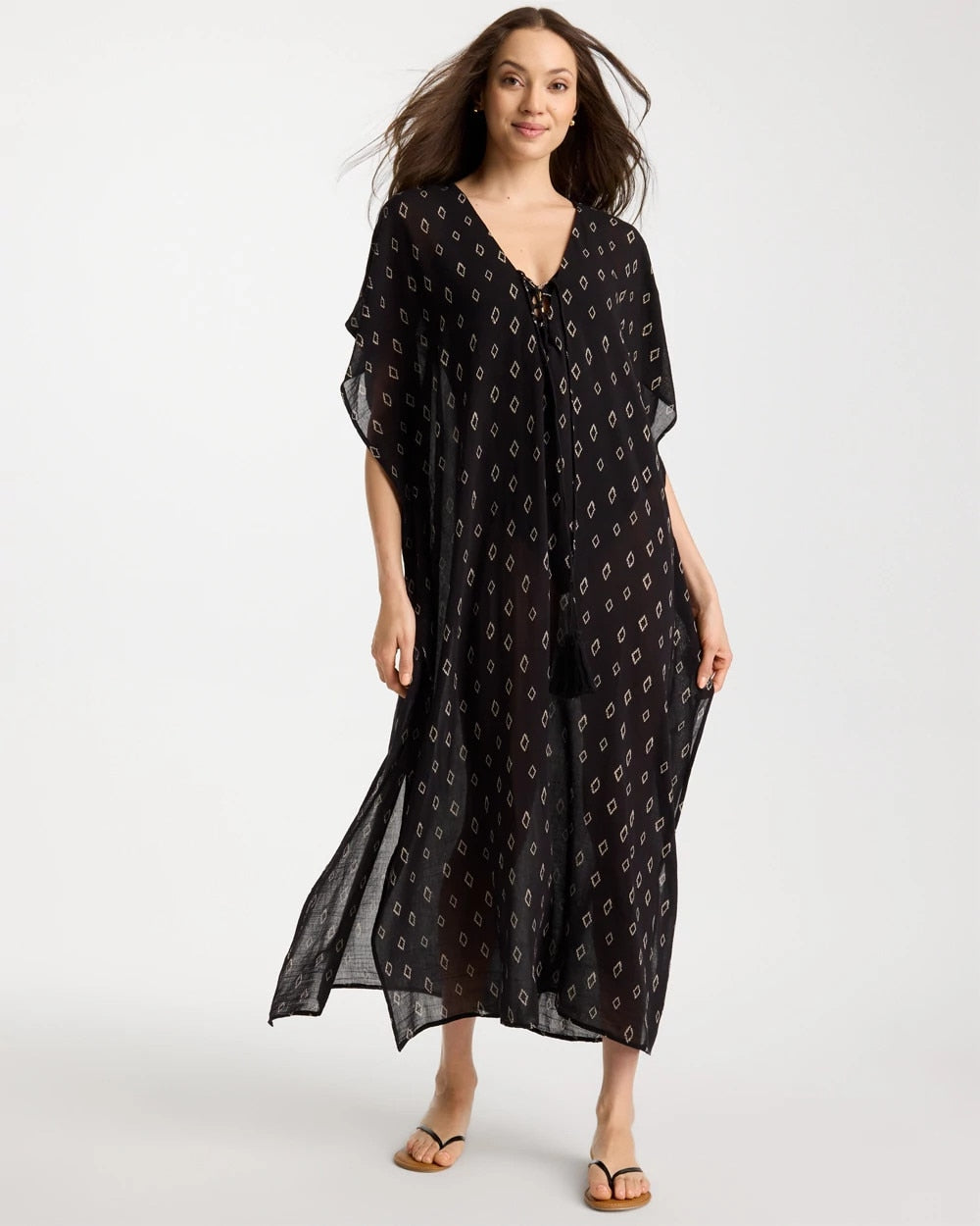 Chico's Online Black/Neutral Printed Kaftan Swim Cover-Up