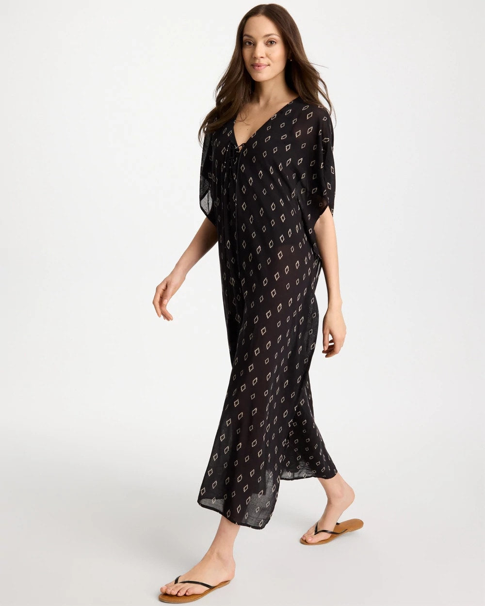 Chico's Online Black/Neutral Printed Kaftan Swim Cover-Up