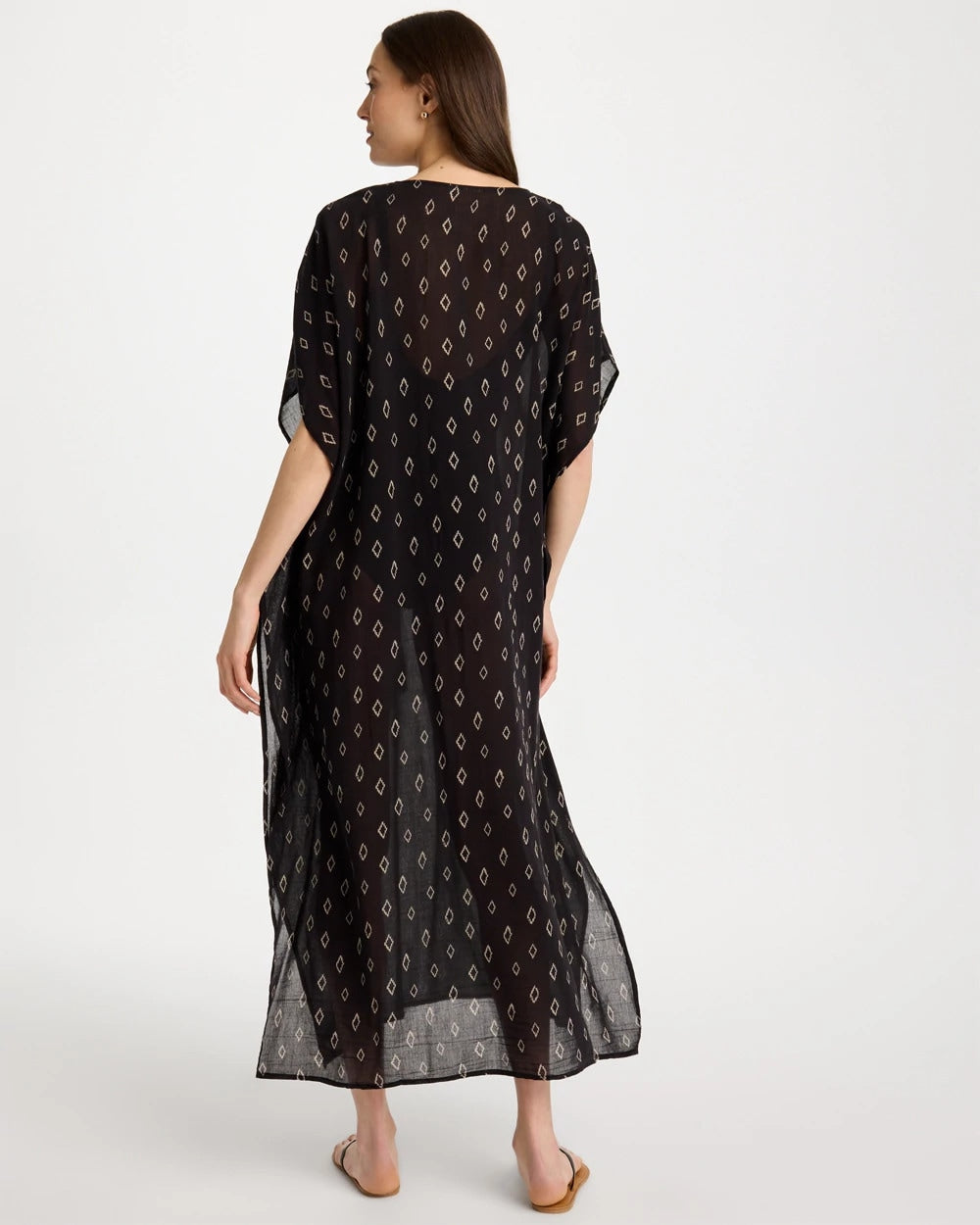Chico's Online Black/Neutral Printed Kaftan Swim Cover-Up