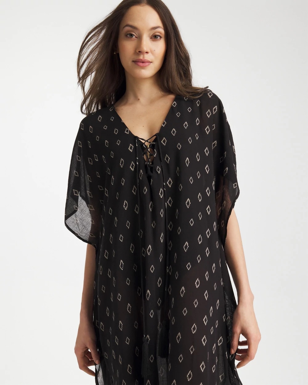 Chico's Online Black/Neutral Printed Kaftan Swim Cover-Up