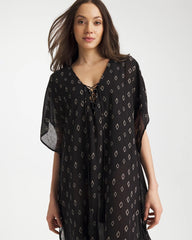 Chico's Online Black/Neutral Printed Kaftan Swim Cover-Up