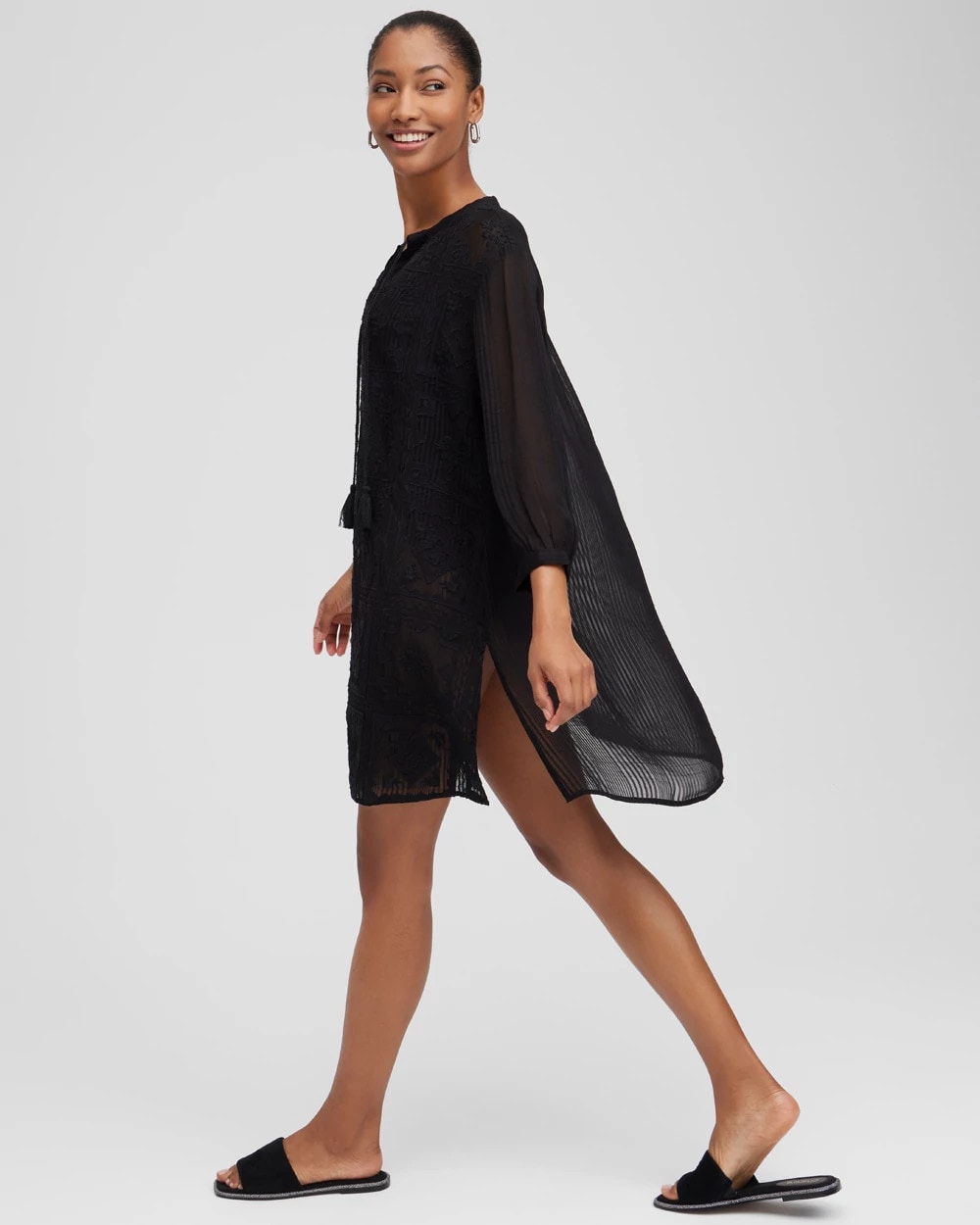 Chico's Discount Black Embroidered Swim Dress Coverup