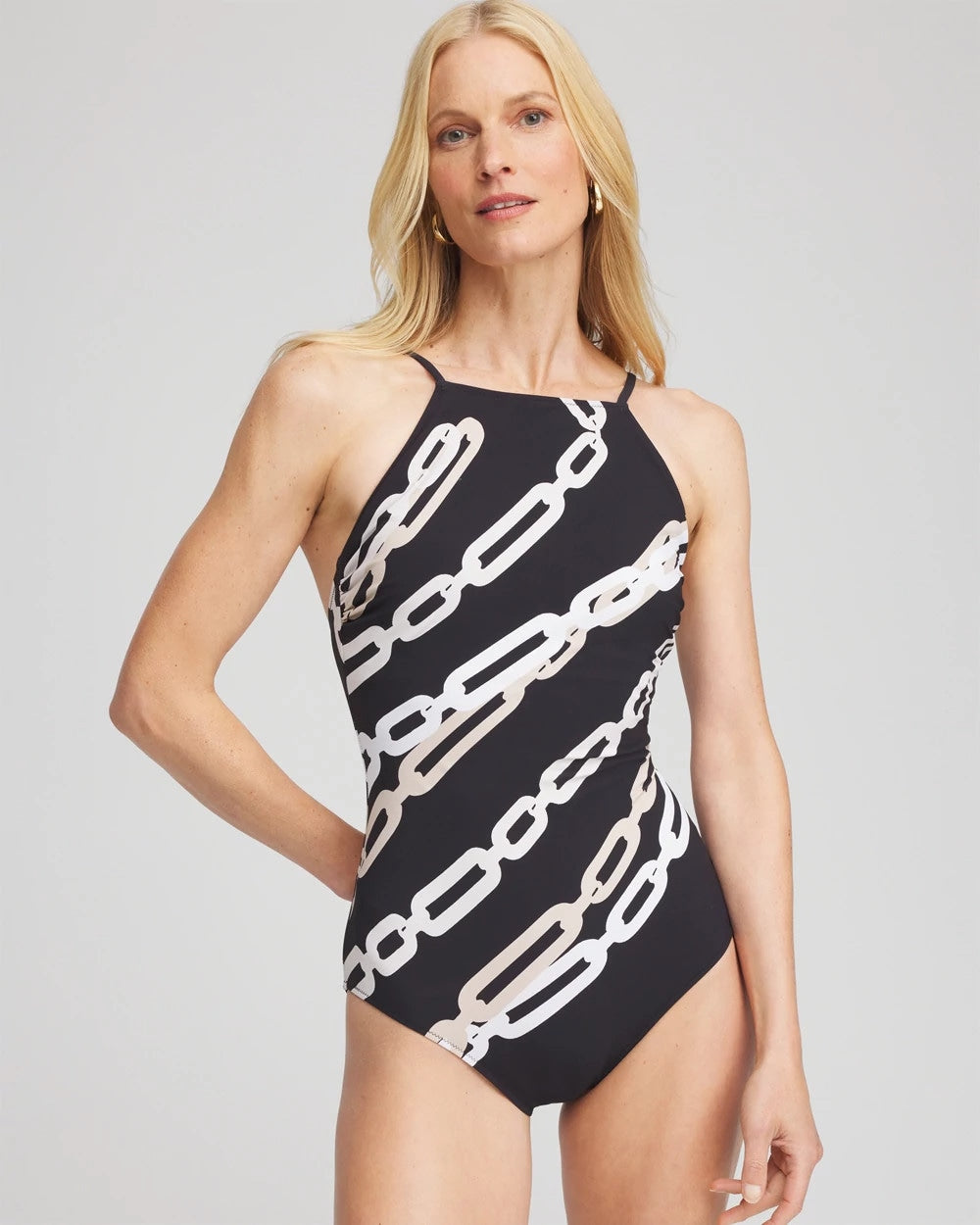 Chico's On Sale Black/Natural Cream Gottex High Neck Halter Top Swimsuit