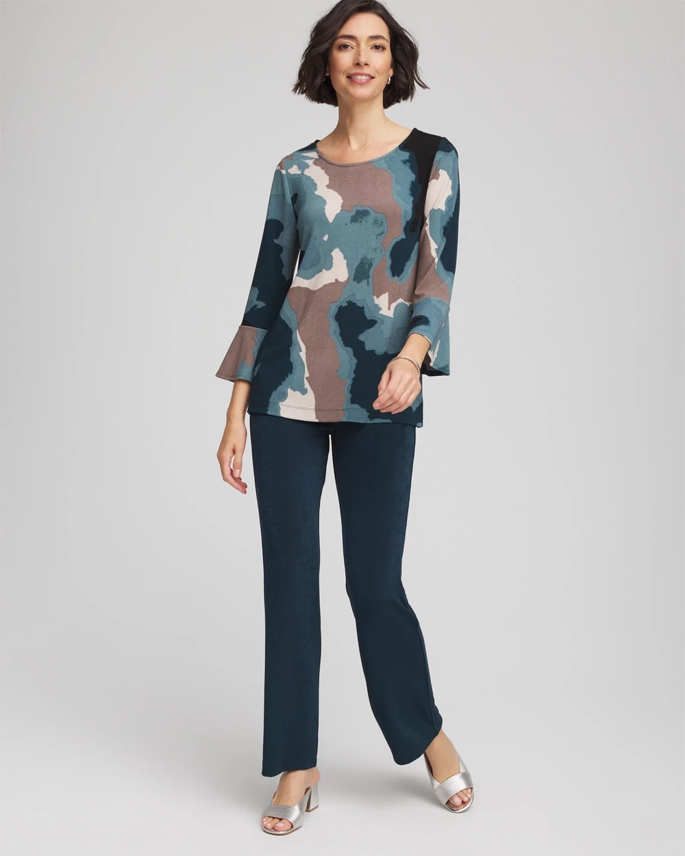 Chico's Discount Teal Shadow Travelers™ Crystal Flounce Sleeve Tunic