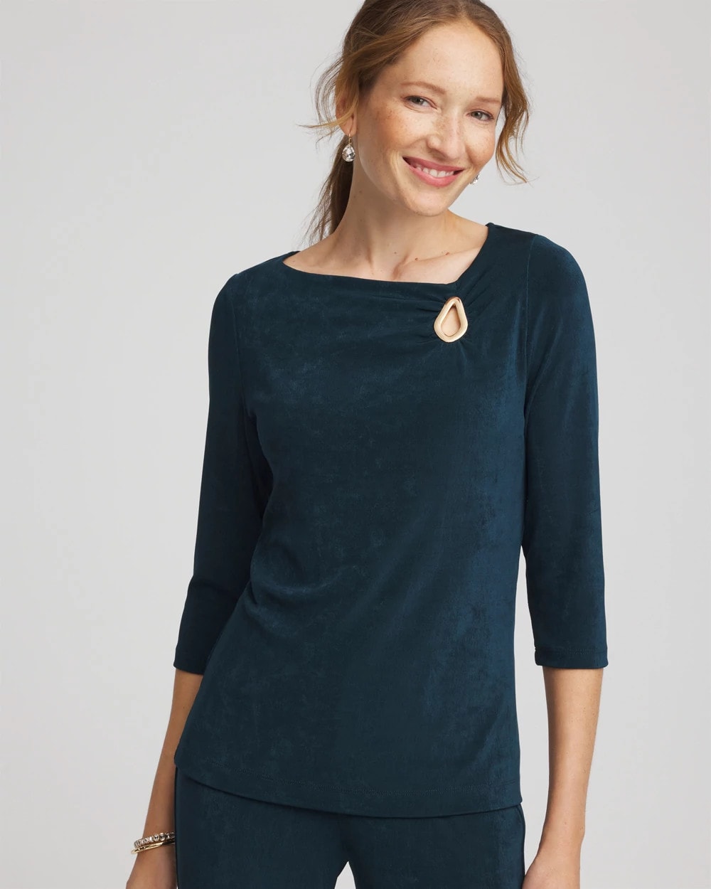 Chico's Sale Teal Shadow Travelers™ Asymmetrical 3/4 Sleeve Top