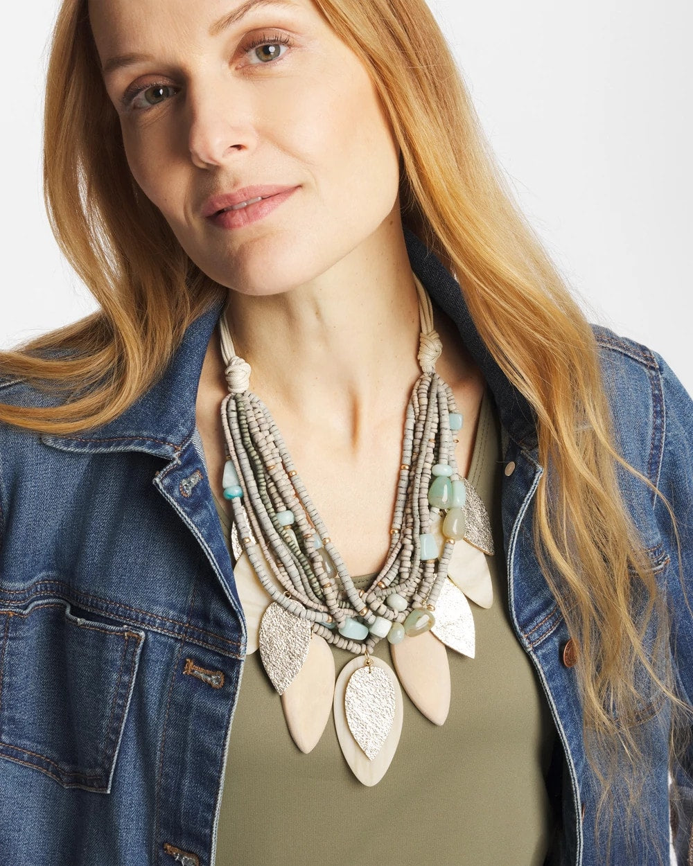 Chico's On Sale Aqua Multistrand Wood Petal Necklace
