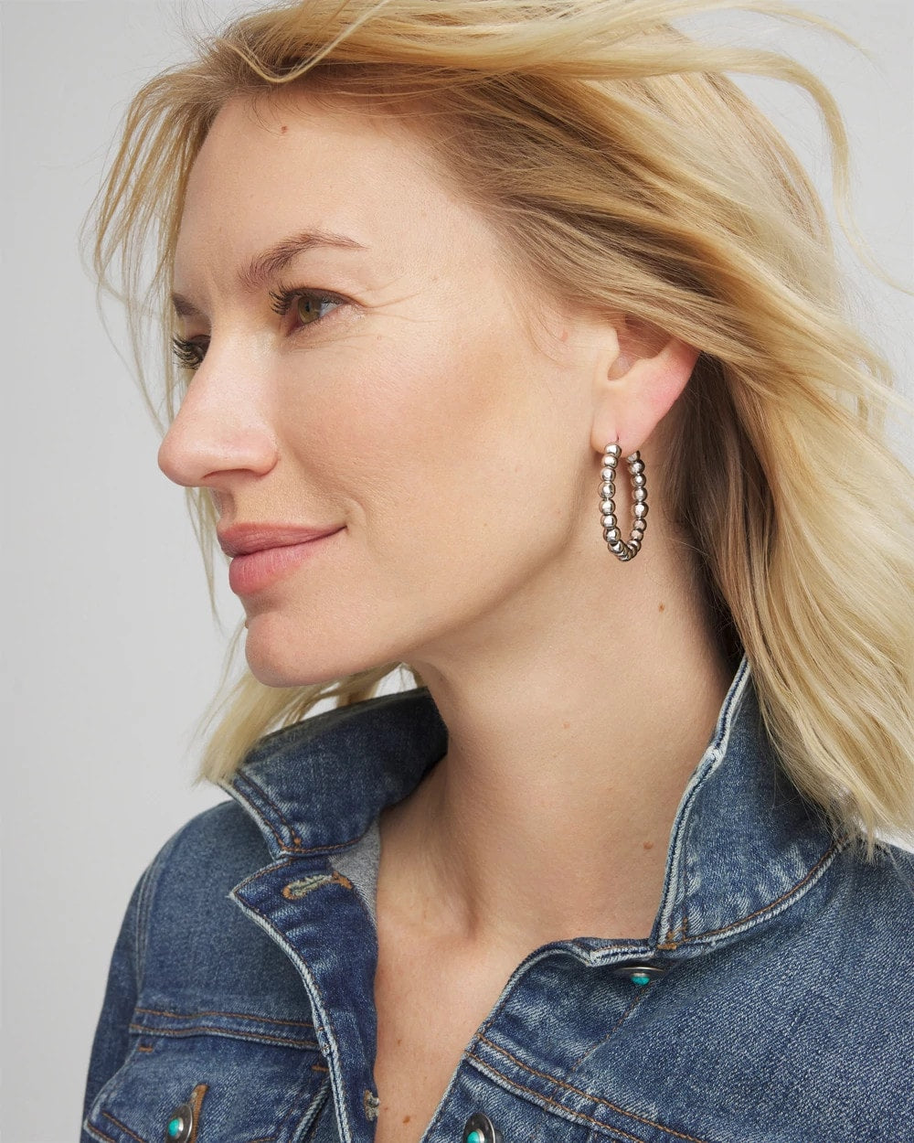 Chico's Outlet Silver Silvertone Beaded Hoop Earrings