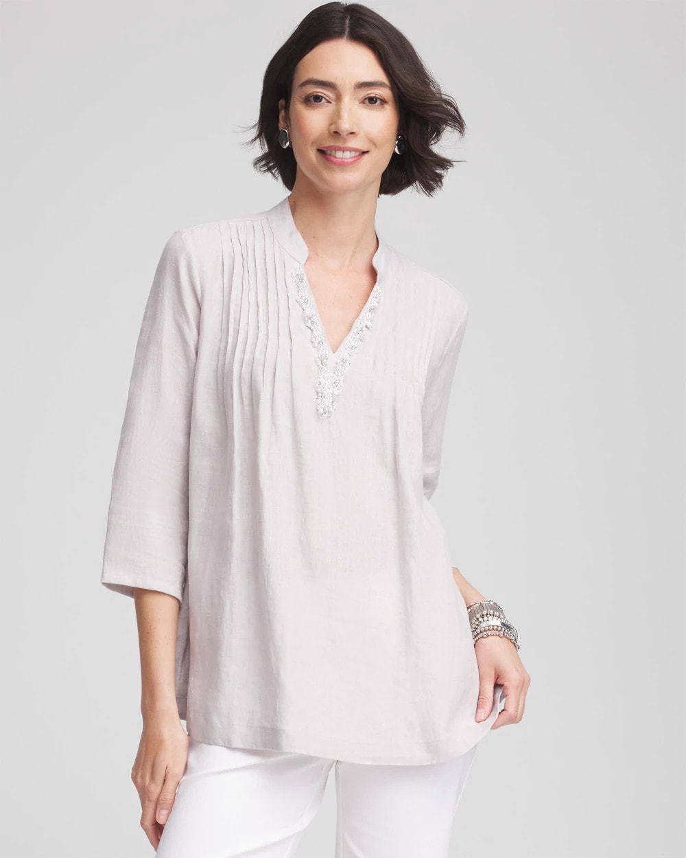 Chico's On Sale Dove Gray Embellished Linen Kurta Tunic