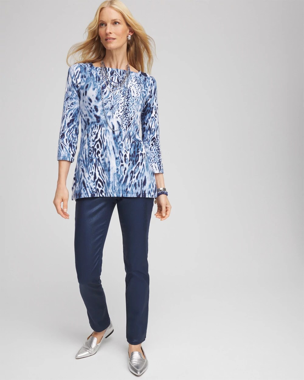 Chico's Sale Classic Navy Animal Print Square Neck Tunic