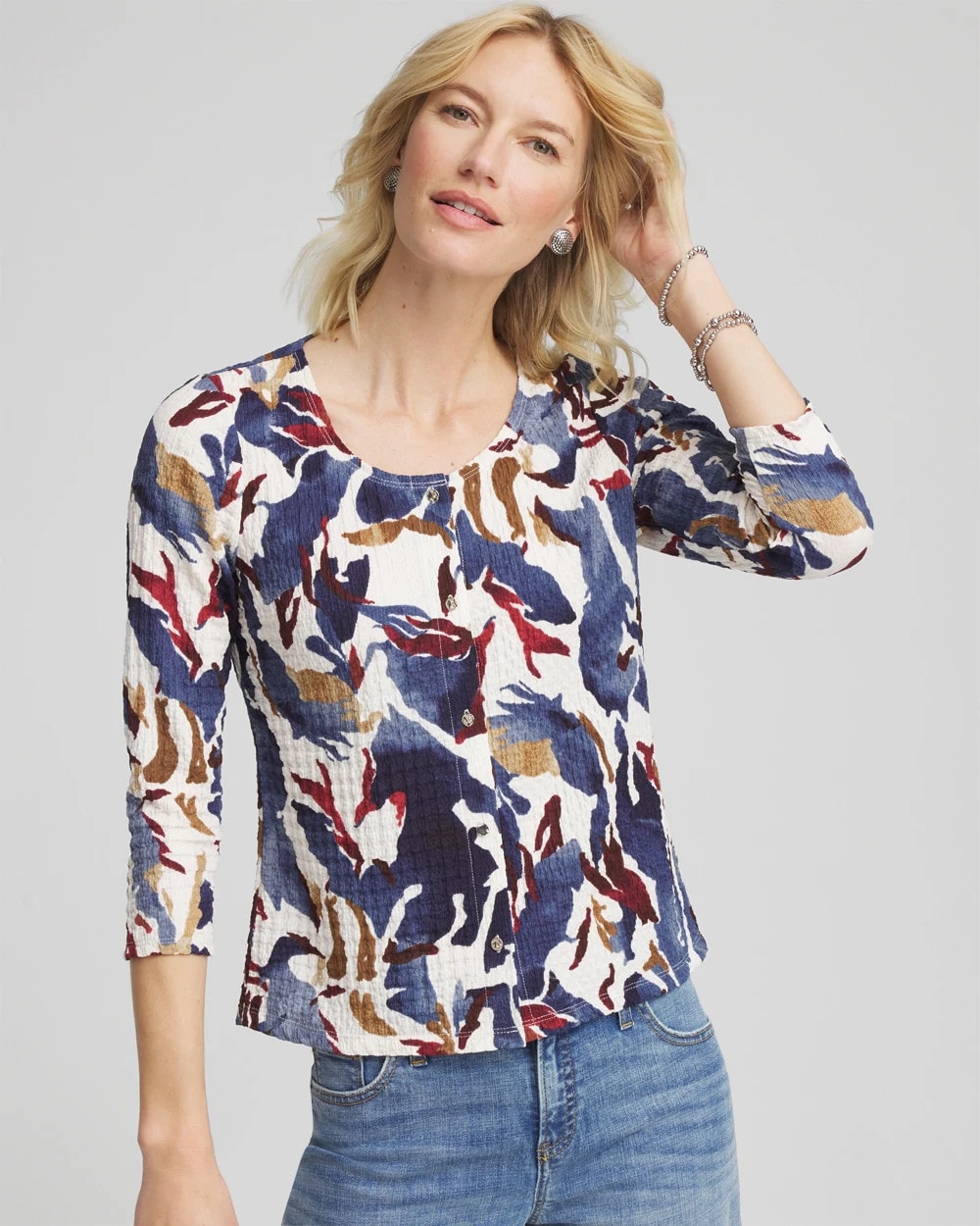 Chico's Outlet Ecru Printed Textured Scoopneck Cardigan