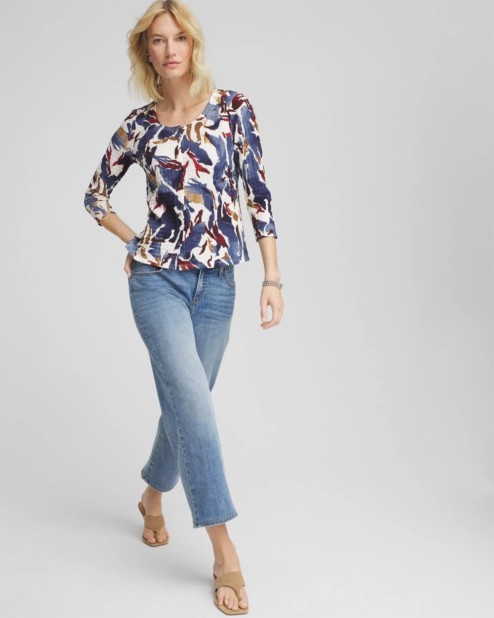 Chico's Outlet Ecru Printed Textured Scoopneck Cardigan