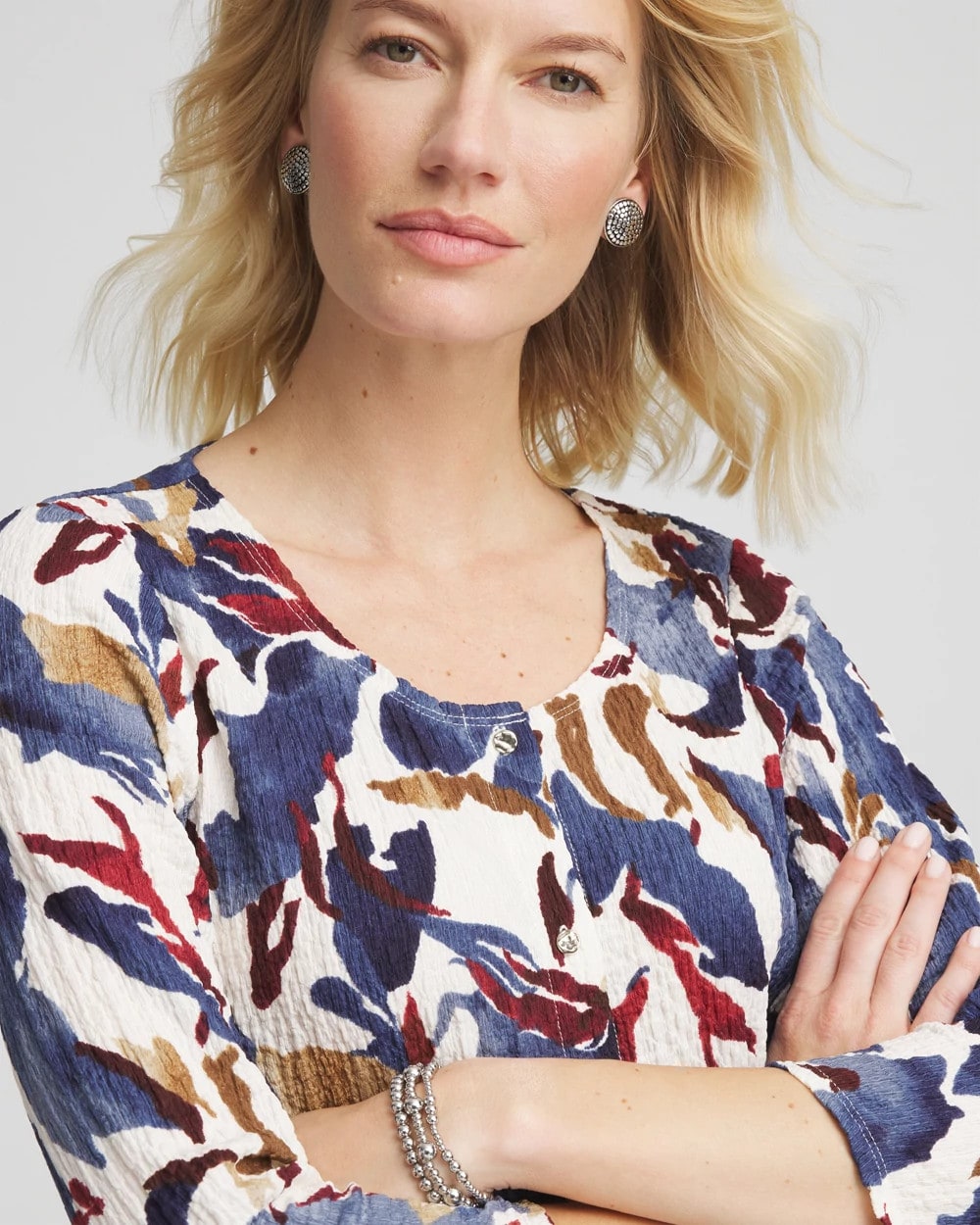Chico's Outlet Ecru Printed Textured Scoopneck Cardigan